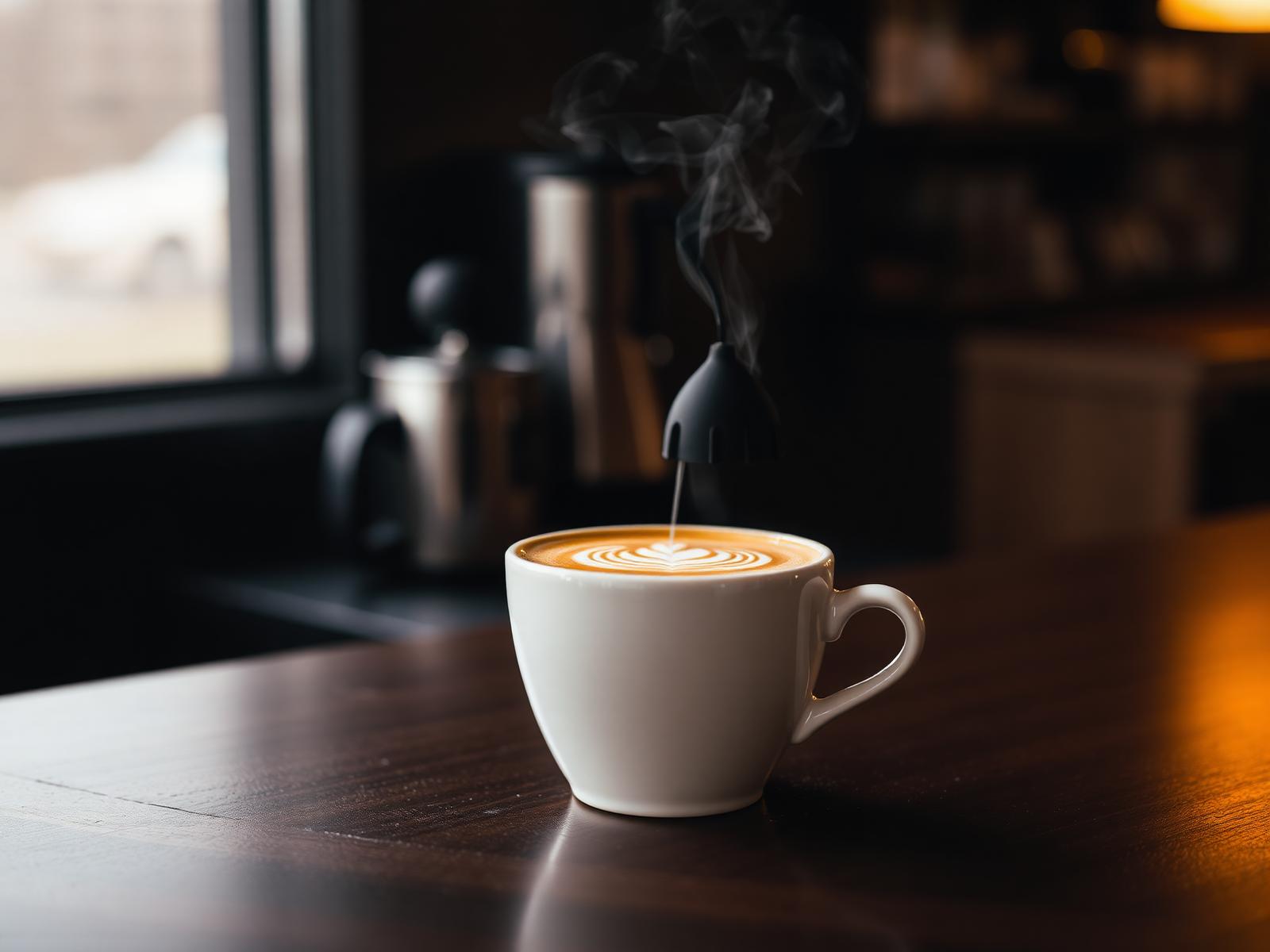 A freshly poured latte with steam rising
